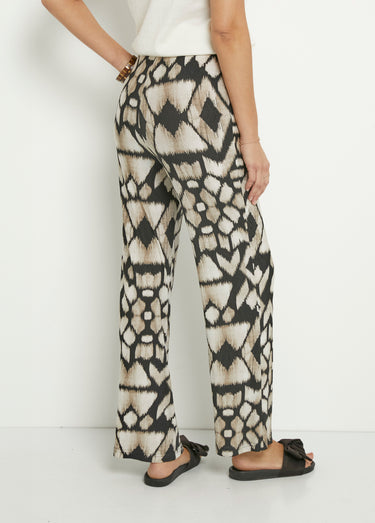 Pantalon large fluide imprimé ethnique Beige/Noir