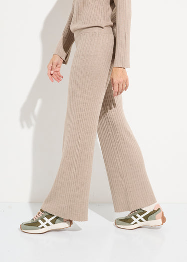 Pantalon confort, maille cotes plates Beige
