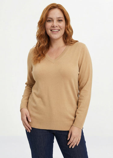 Pull doux col V manches longues Camel