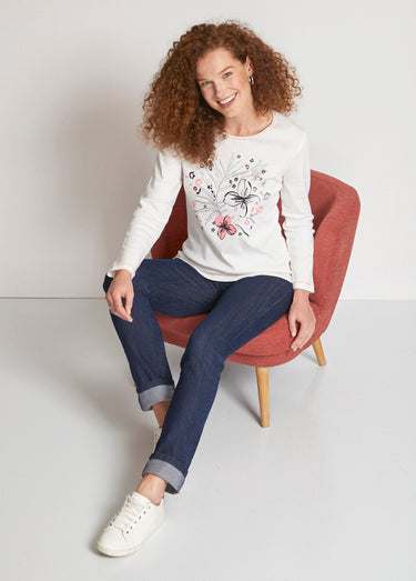 T-shirt court col rond motif brillant Ecru