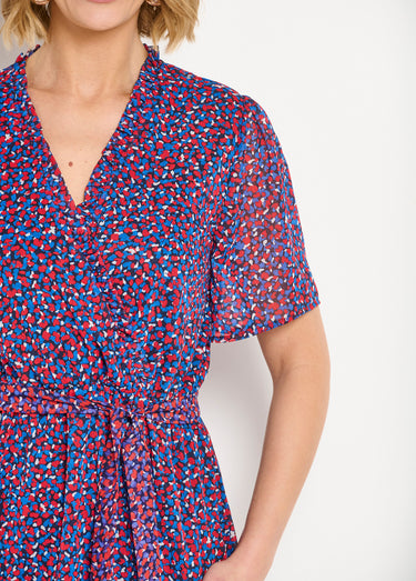 Robe cache-coeur volanté voile imprimé graphique Marine/Rouge