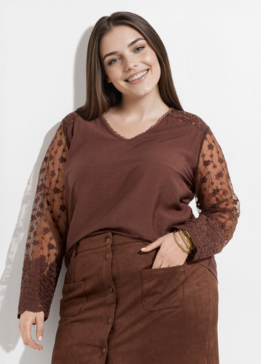 Tunique col V et manches dentelle fleurie Marron