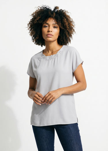 Top long manches courtes broderies col rond Argent