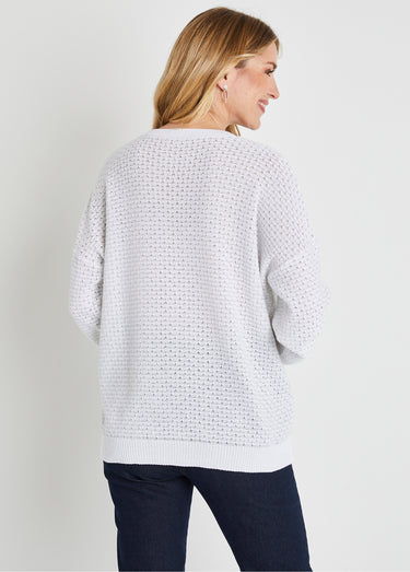 Pull doux brillant mélange coton col rond Blanc