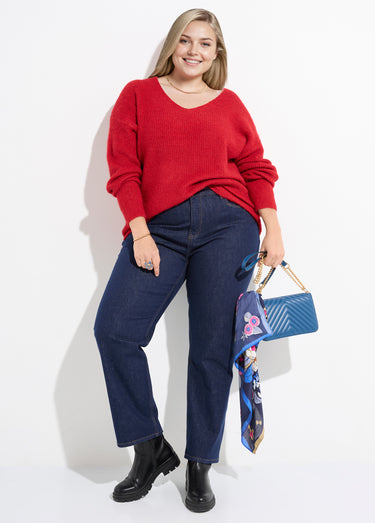Pull col V maille mousseuse avec laine Rouge