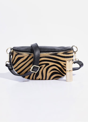 Sac banane bi-matière cuir uni et zébré Camel