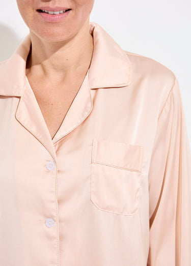 Pyjama long col tailleur en satin uni Champagne