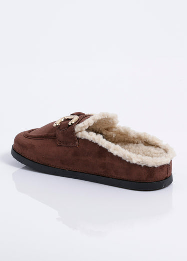 Mules en suédine fourrées et bride métal Marron