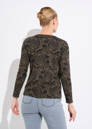T-shirt jacquard fleuri col rond Noir/Camel