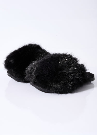 Mules en fausse fourrure longs poils Noir