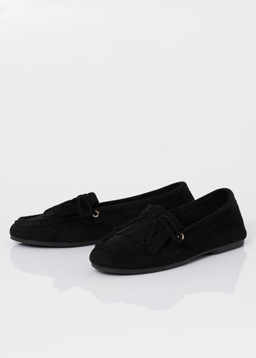 Mocassins semelle plate, dessus franges Noir