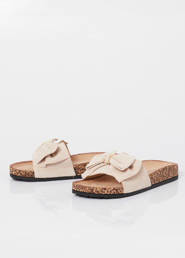 Mules plates effet liège avec nœud tissu Beige