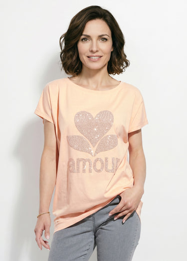 T-shirt col rond motif pailleté Amour Orange