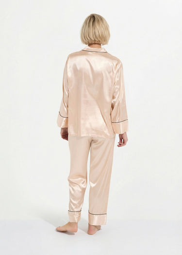 Pyjama long satin passepoil contrastant Beige