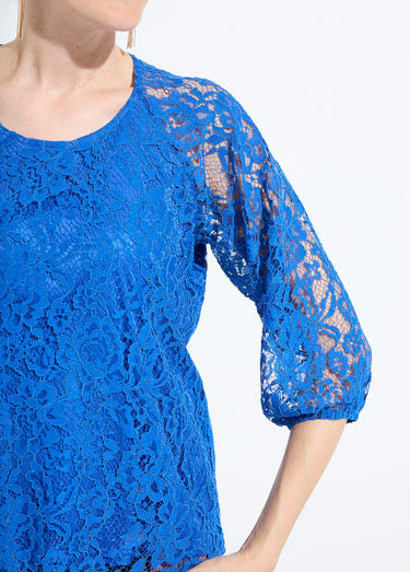 T-shirt dentelle col rond manches 3/4 raglan Bleu Dur