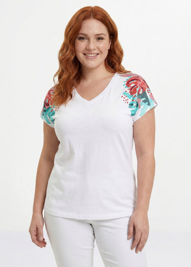 T-shirt court blanc motif sequins col rond Fond Blanc