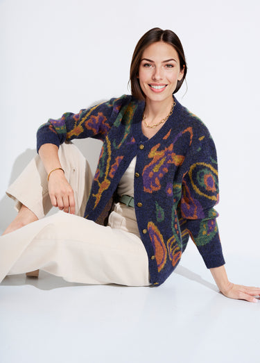 Gilet chaud court boutonné jacquard avec laine Fond Marine