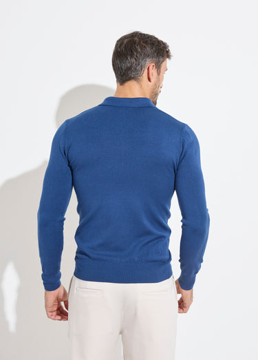 Pull coupe ajusté fine jauge col polo Bleu