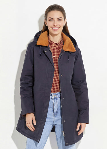 Parka déperlante longue avec col velours Marine/Camel
