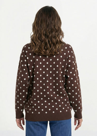 Pull à pois col rond, maille jacquard Chocolat