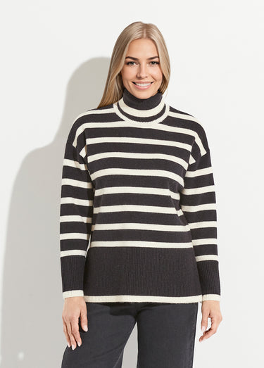 Pull col roulé manches longues descendues Raye Noir