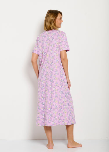 Chemise de nuit longue coton manches courtes Rose