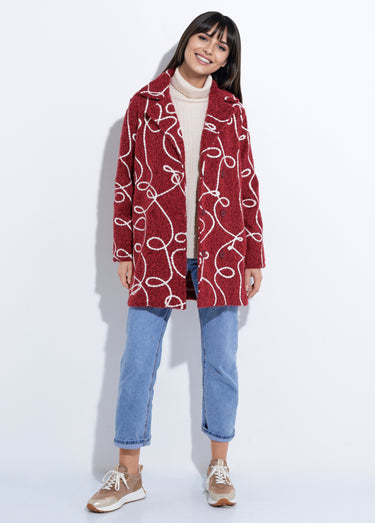 Caban long fantaisie type laine bouillie Bordeaux