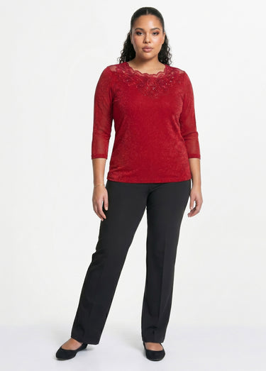 T-shirt manches 3/4 brodé brillant Rouge