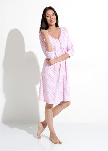 Chemise de nuit longue manches 3/4 coton imprimé Rose