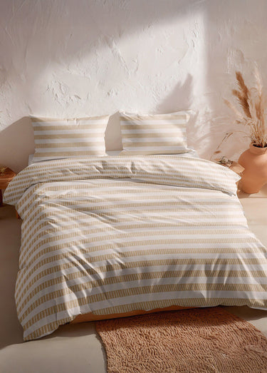 Parure de lit coton, rayures stylisées Blanc/Beige