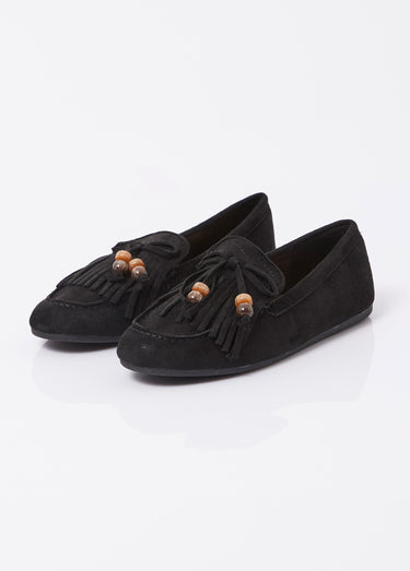 Mocassins plats, avec franges et perles Noir