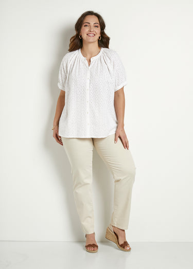 Chemisier ample coton brodé sans col Blanc
