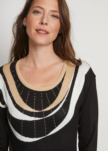 Pull court jacquard strassé col rond Noir/Beige