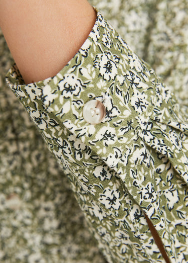 Chemisier droit coton fleuri boutonné Vert