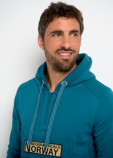 Sweat à capuche demi zip manches longues Bleu Petrole