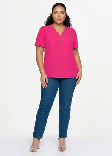 Tunique longue brodée manches courtes unie Fuchsia
