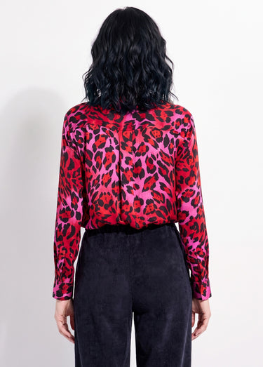 Chemisier boutonné satin manches longues Imprime Fuchsia