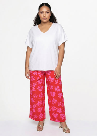 Pantalon large imprimé fleuri contrasté Rouge/Rose