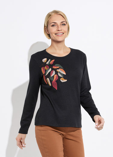 T-shirt col rond uni brodé manches longues Noir