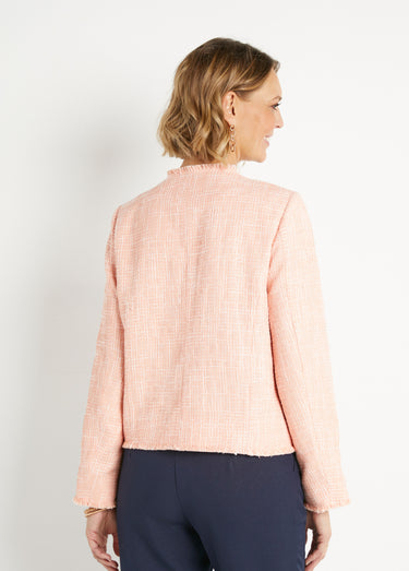 Veste sans col boutonnée courte tissu natté uni Abricot
