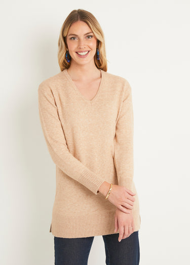 Pull tunique chiné long col V avec laine Sable