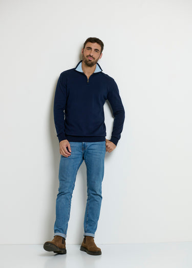 Pull col camionneur zippé contrastant Bleu Marine