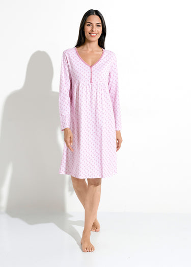 Chemise de nuit longue manches 3/4 coton imprimé Rose