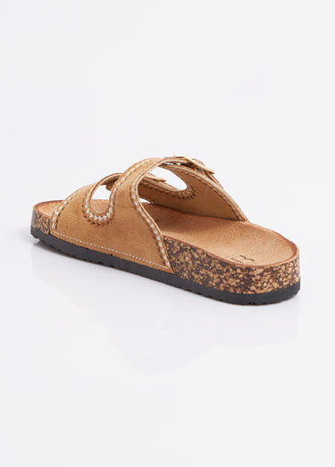 Mules folk à boucles, semelle type liège Camel