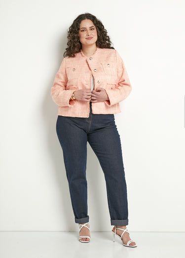 Veste sans col boutonnée courte tissu natté uni Abricot