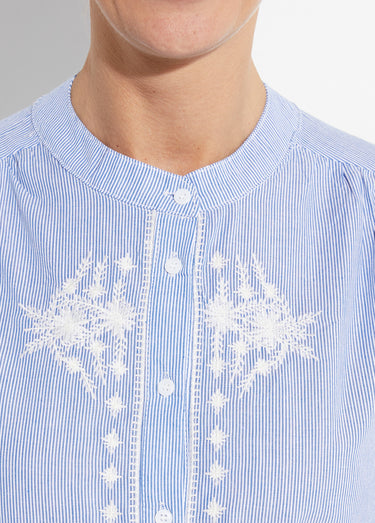 Chemisier rayé col rond et broderies Bleu