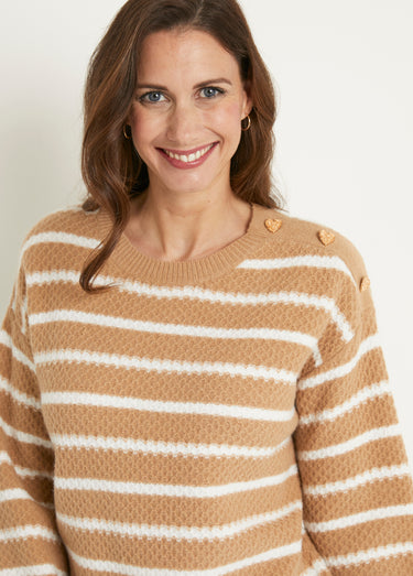 Pull doux rayé col rond maille fantaisie Camel/Ecru