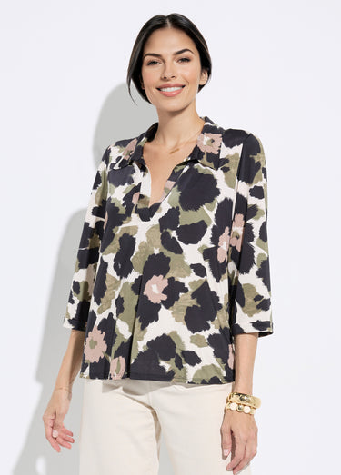 Chemisier fluide camouflage et col tailleur Noir/Kaki