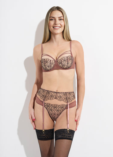 Ensemble 3 pièces fleur porte-jarretelles Vieux Rose