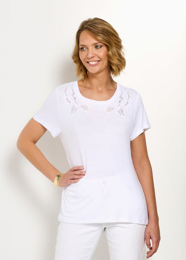 T-shirt coton brodé ajouré col rond Blanc